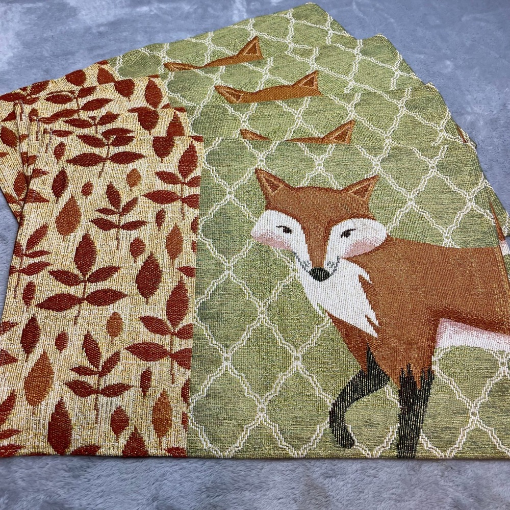 4 Mainstays Fox Tapestry Placemats Green Brown Autumn Harvest Woodland Critter
